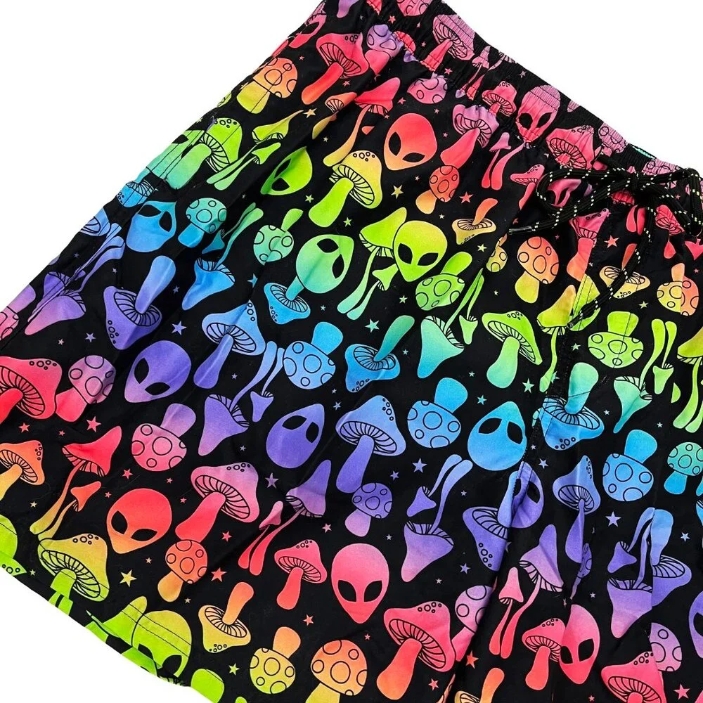 Psychedelic Alien Mushroom Rainbow Mesh Swim Shorts Trunks Mens 3XL 3X XXXL
